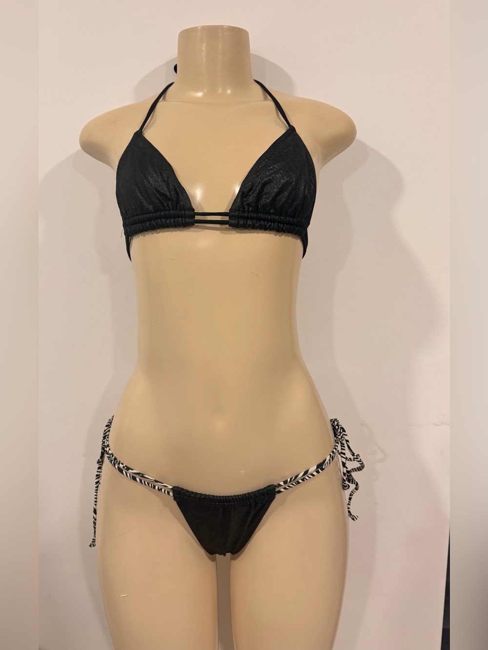 Ea Black Triangle Bikini Set with Zebra-Accent Side Ties